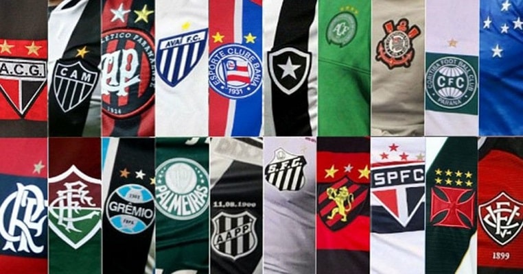 Imagem com recorte dos emblemas dos times de futebol no Brasil.